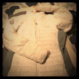 White and gray Columbia puff jacket